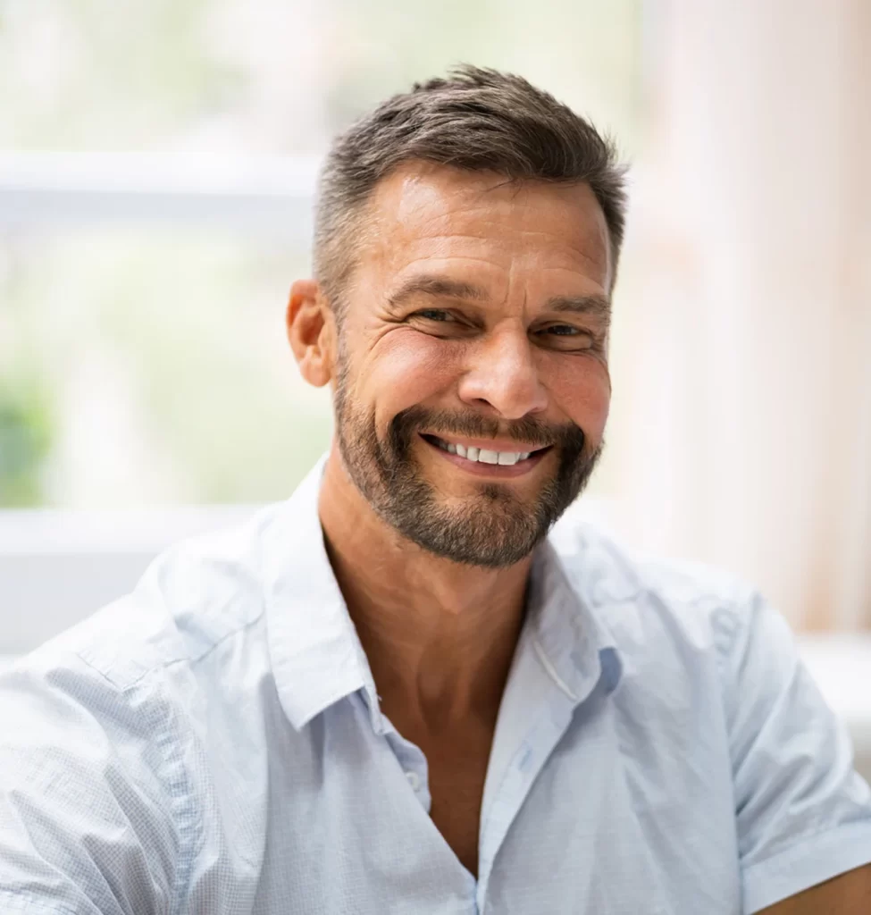 Smiling man in a white shirt seated at home